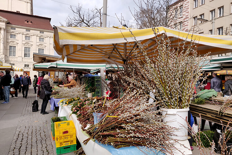 Bauernmarkt am Kaiser-Josef-Platz werden zur Osterzeit Palmkatzerl feilgeboten